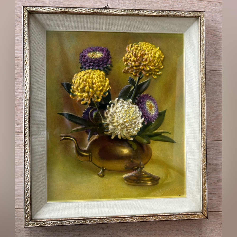 Vintage  1960s Floral Still Life Embossed, textured flowers in a raised 3D